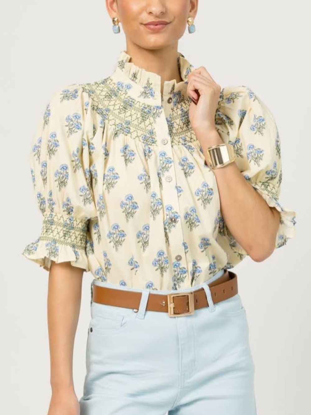 New Boho Cream Floral Smocked Ruffle Puff Sleeve Blouse